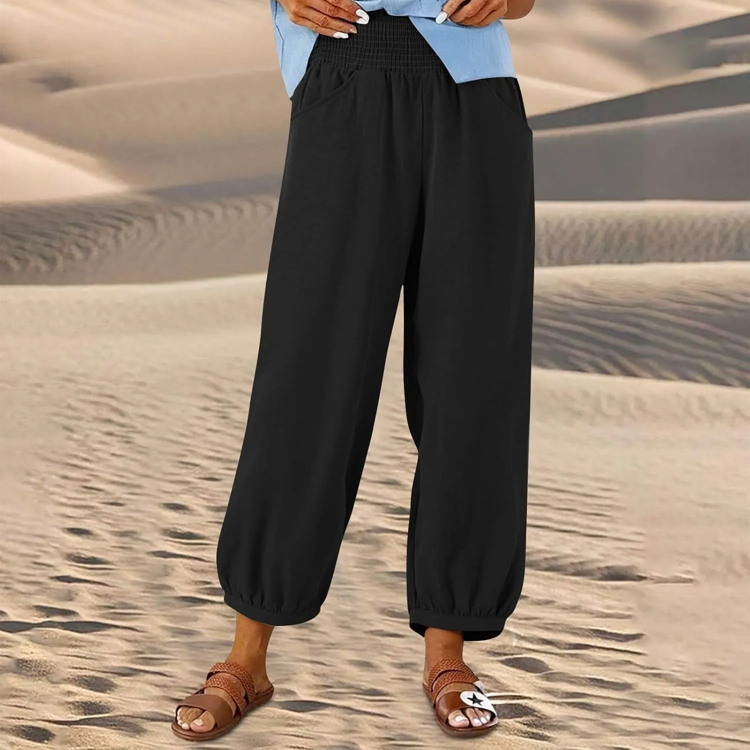 Linen Harem Pants Women Plus Size Wide Leg Elastic Waist Loose Fit Pants Baggy Palazzo Lantern Pant Beach Trousers