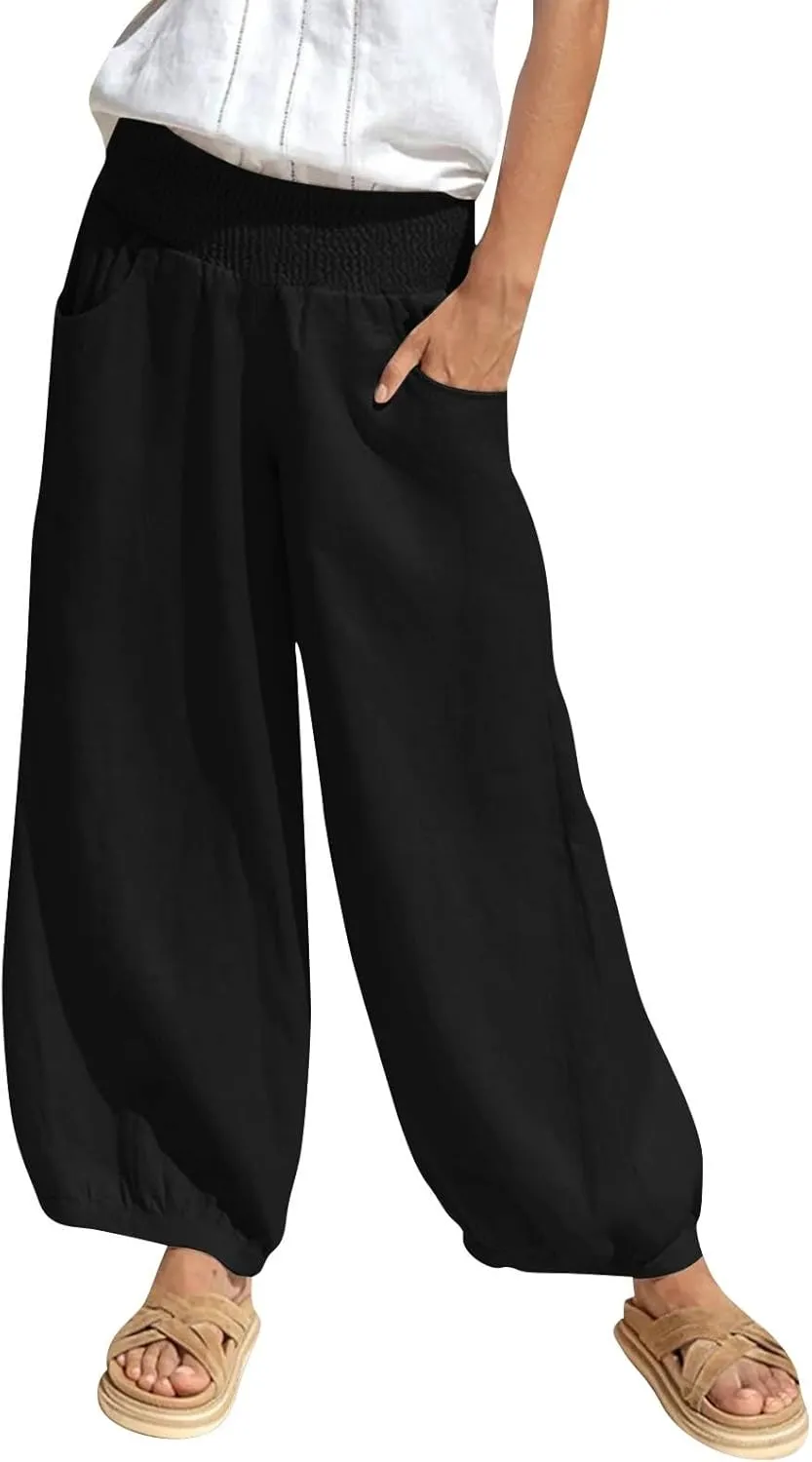 Linen Harem Pants Women Plus Size Wide Leg Elastic Waist Loose Fit Pants Baggy Palazzo Lantern Pant Beach Trousers
