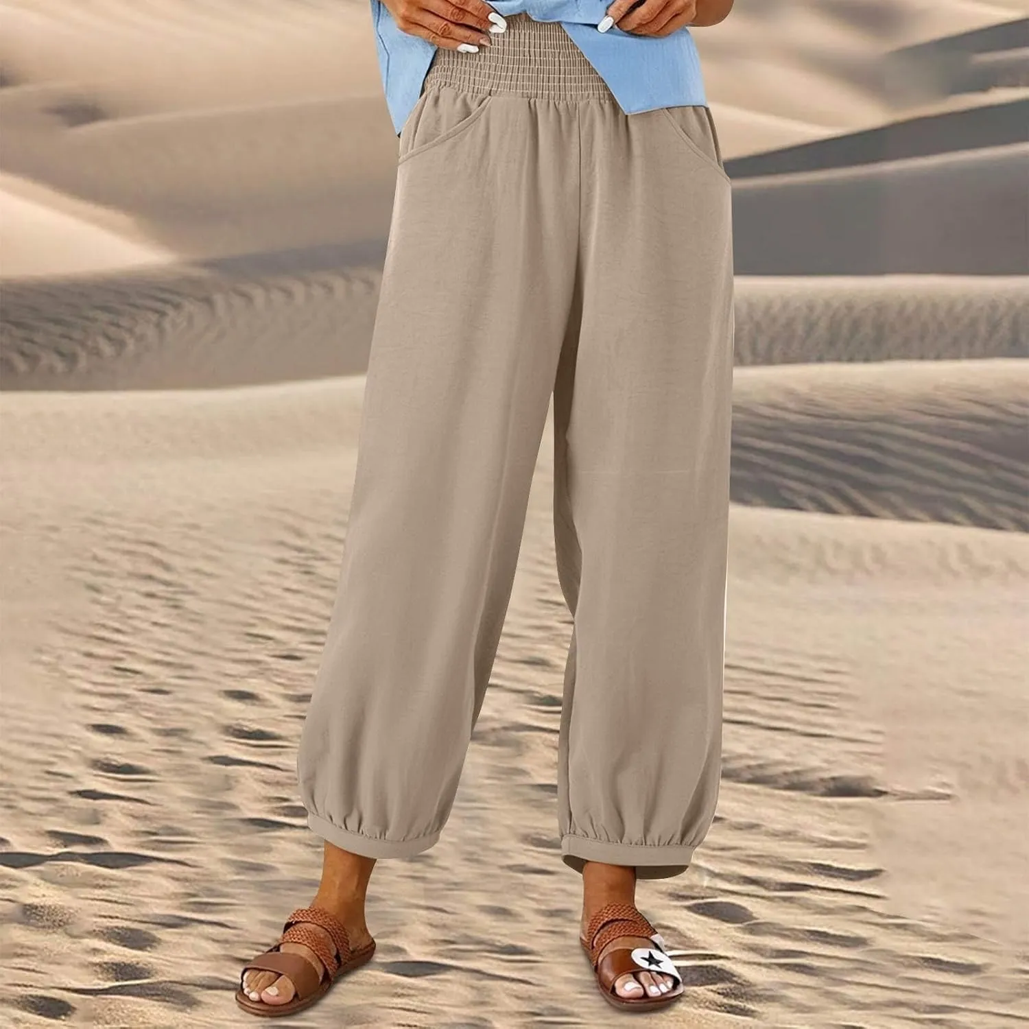 Linen Harem Pants Women Plus Size Wide Leg Elastic Waist Loose Fit Pants Baggy Palazzo Lantern Pant Beach Trousers