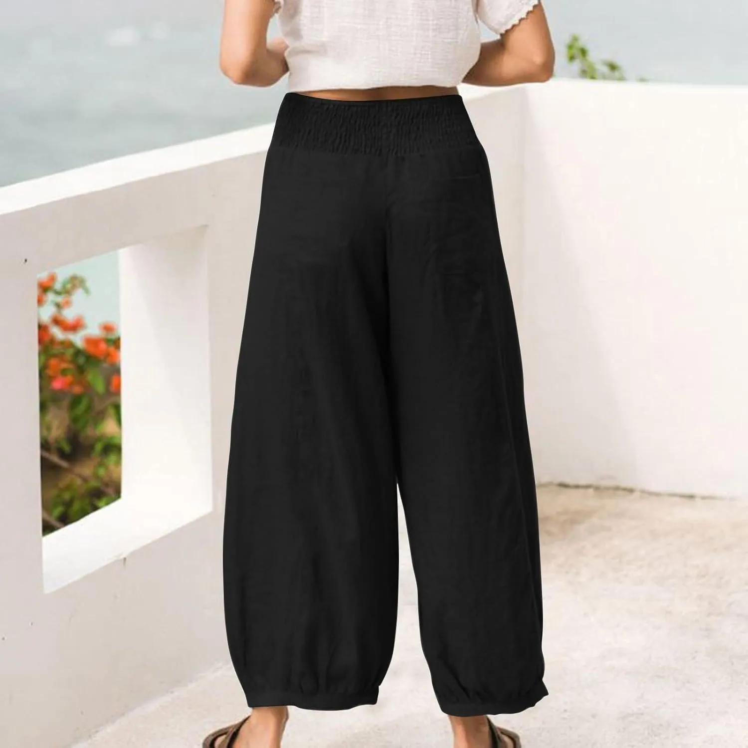 Linen Harem Pants Women Plus Size Wide Leg Elastic Waist Loose Fit Pants Baggy Palazzo Lantern Pant Beach Trousers