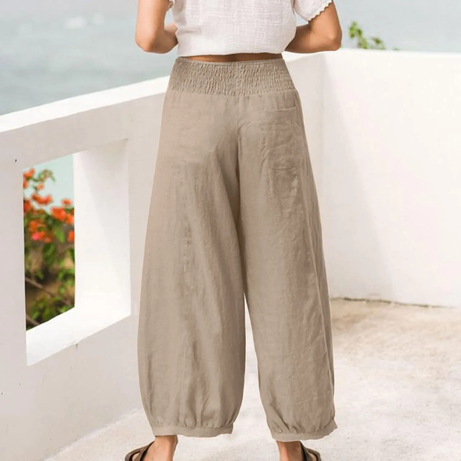 Linen Harem Pants Women Plus Size Wide Leg Elastic Waist Loose Fit Pants Baggy Palazzo Lantern Pant Beach Trousers