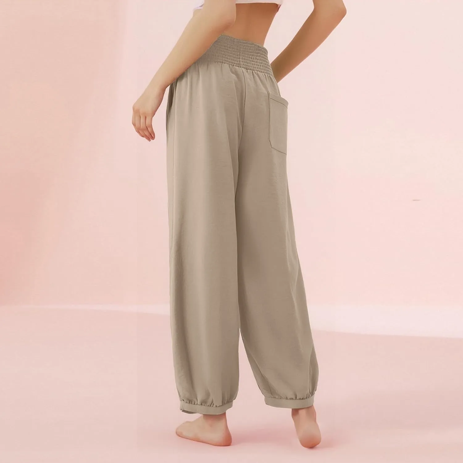 Linen Harem Pants Women Plus Size Wide Leg Elastic Waist Loose Fit Pants Baggy Palazzo Lantern Pant Beach Trousers