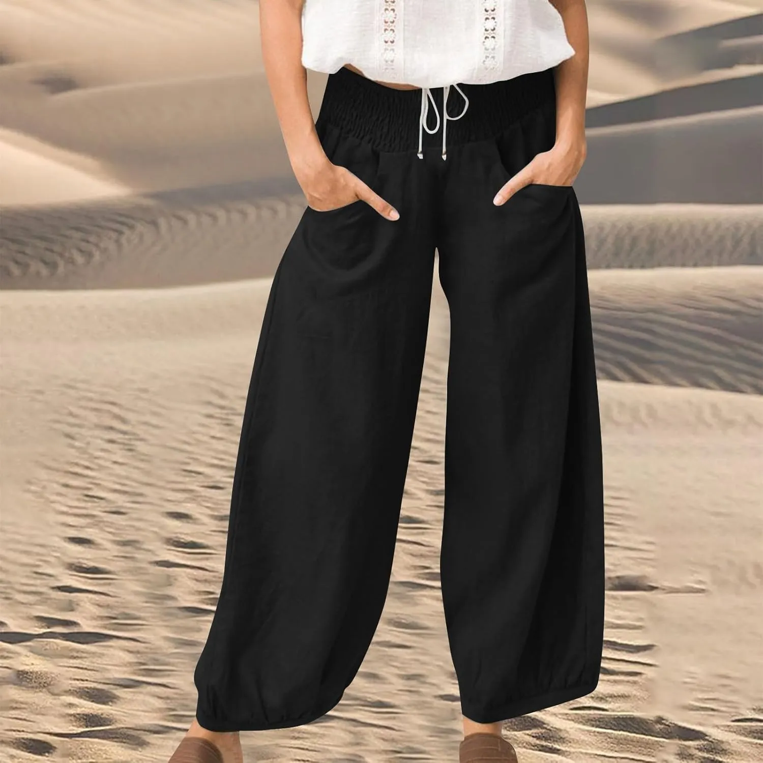 Linen Harem Pants Women Plus Size Wide Leg Elastic Waist Loose Fit Pants Baggy Palazzo Lantern Pant Beach Trousers
