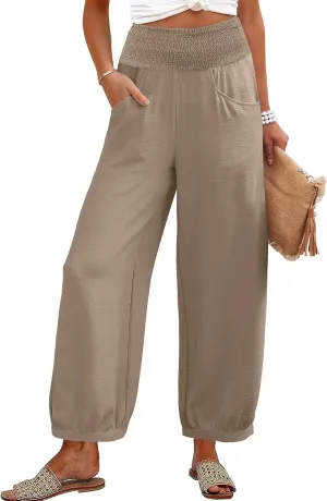 Linen Harem Pants Women Plus Size Wide Leg Elastic Waist Loose Fit Pants Baggy Palazzo Lantern Pant Beach Trousers