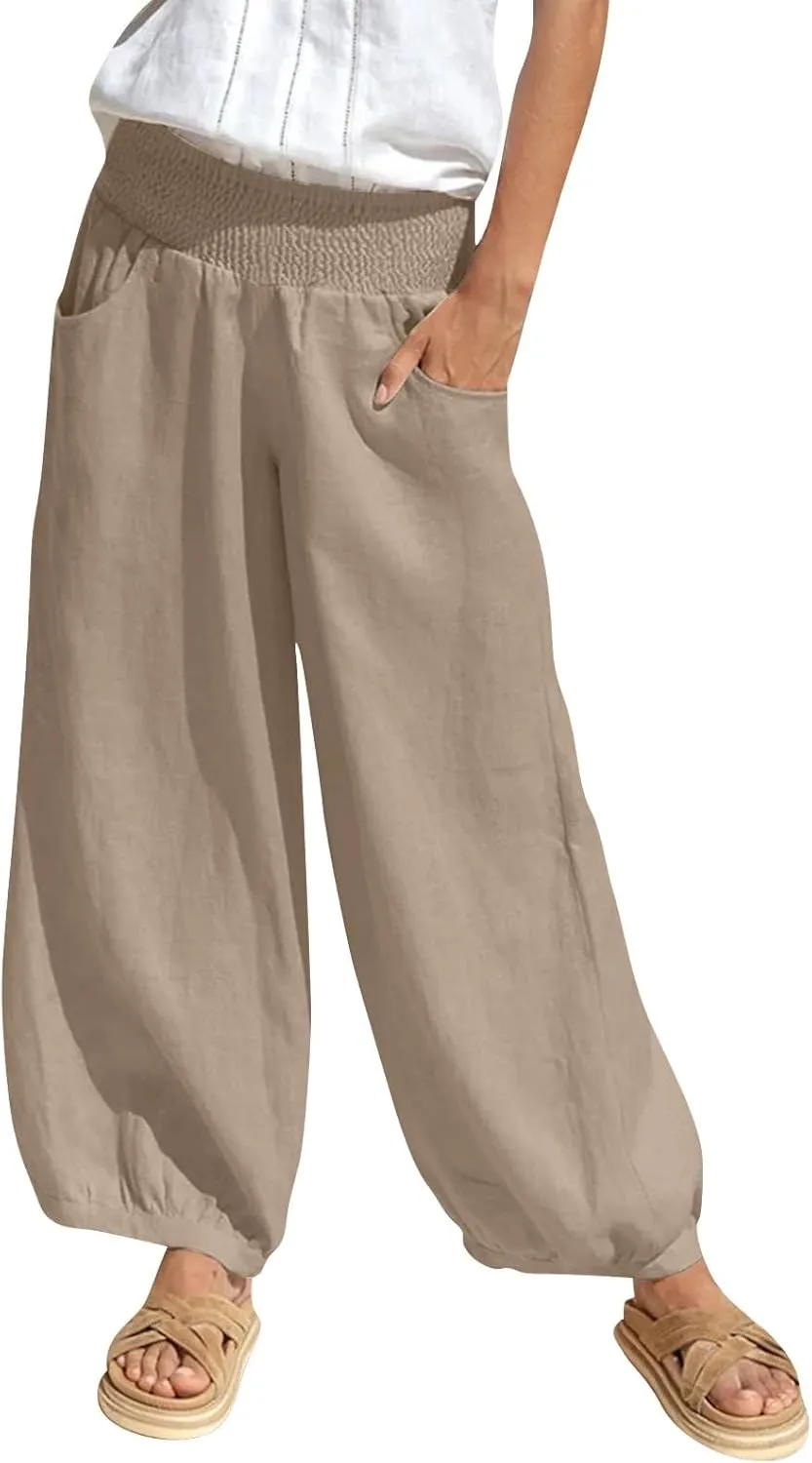 Linen Harem Pants Women Plus Size Wide Leg Elastic Waist Loose Fit Pants Baggy Palazzo Lantern Pant Beach Trousers