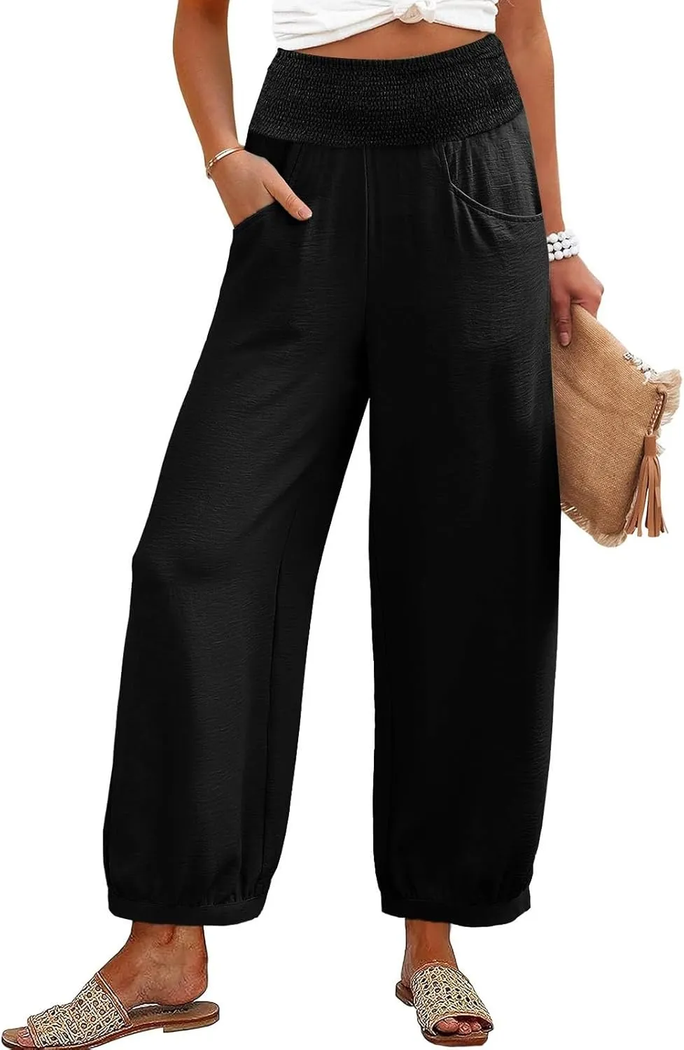 Linen Harem Pants Women Plus Size Wide Leg Elastic Waist Loose Fit Pants Baggy Palazzo Lantern Pant Beach Trousers
