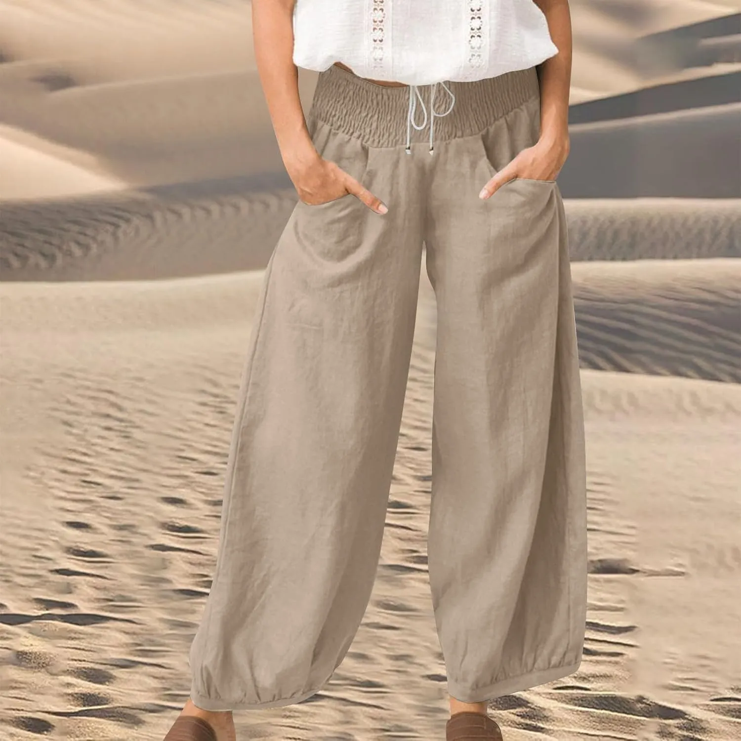 Linen Harem Pants Women Plus Size Wide Leg Elastic Waist Loose Fit Pants Baggy Palazzo Lantern Pant Beach Trousers