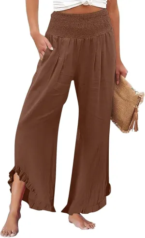 Linen Palazzo Pants for Women 2025 High Waist Summer Wide Leg Pants Lightweight Drawstring Smocked Lounge Trousers