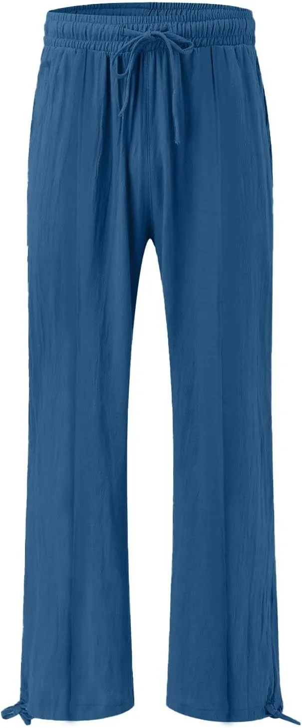 Linen Palazzo Pants for Women Dressy Summer Wide Leg Flowy Pants Boho Drawstring Beach Lounge Trousers with Pockets