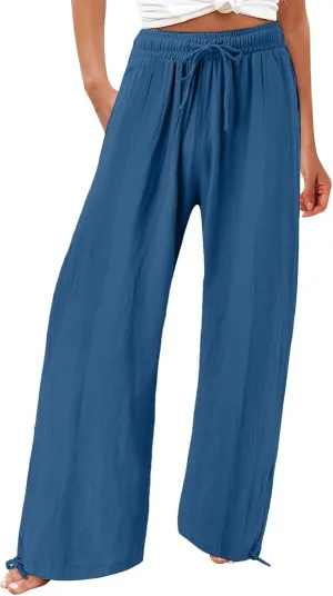Linen Palazzo Pants for Women Dressy Summer Wide Leg Flowy Pants Boho Drawstring Beach Lounge Trousers with Pockets