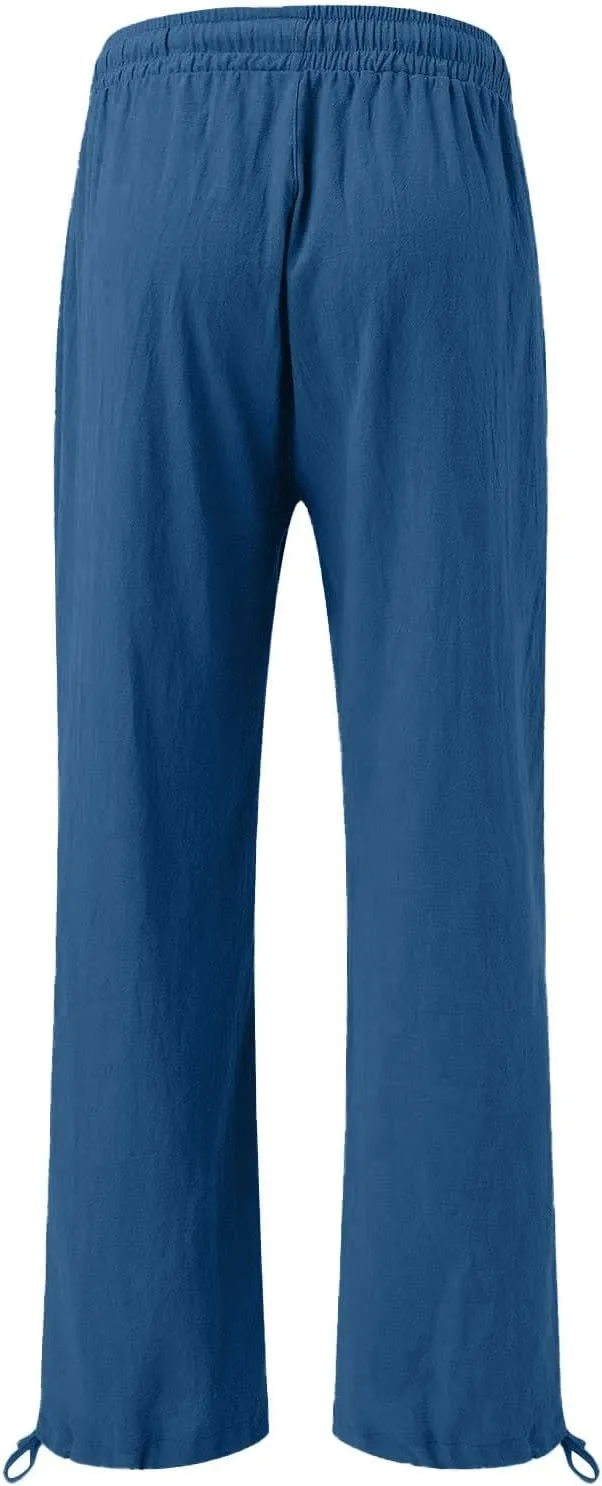 Linen Palazzo Pants for Women Dressy Summer Wide Leg Flowy Pants Boho Drawstring Beach Lounge Trousers with Pockets