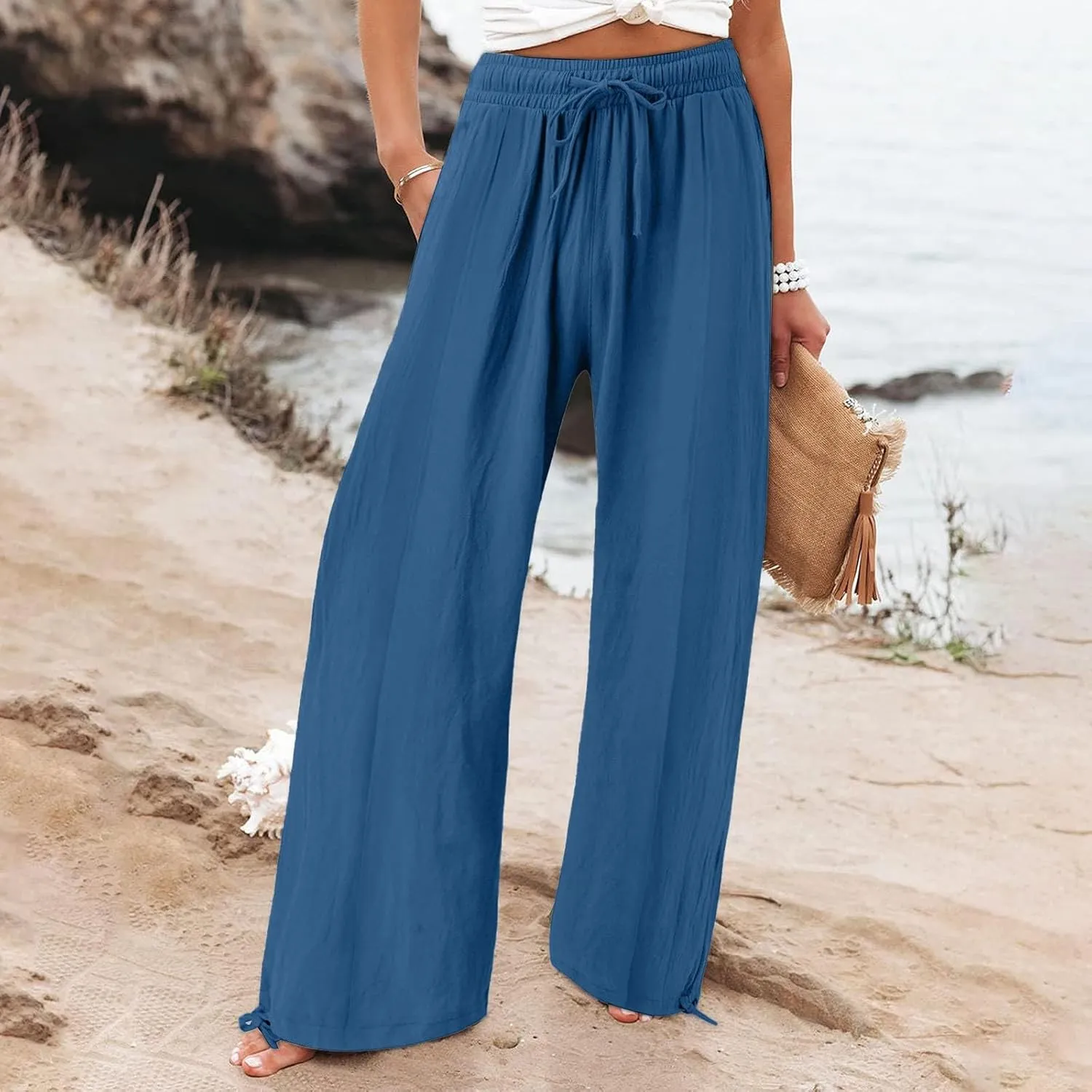 Linen Palazzo Pants for Women Dressy Summer Wide Leg Flowy Pants Boho Drawstring Beach Lounge Trousers with Pockets