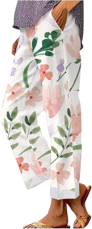 Linen Palazzo Pants for Women Summer Boho Floral Pant Hight Waist Drawstring Casual Loose Floral Pants with Pockets