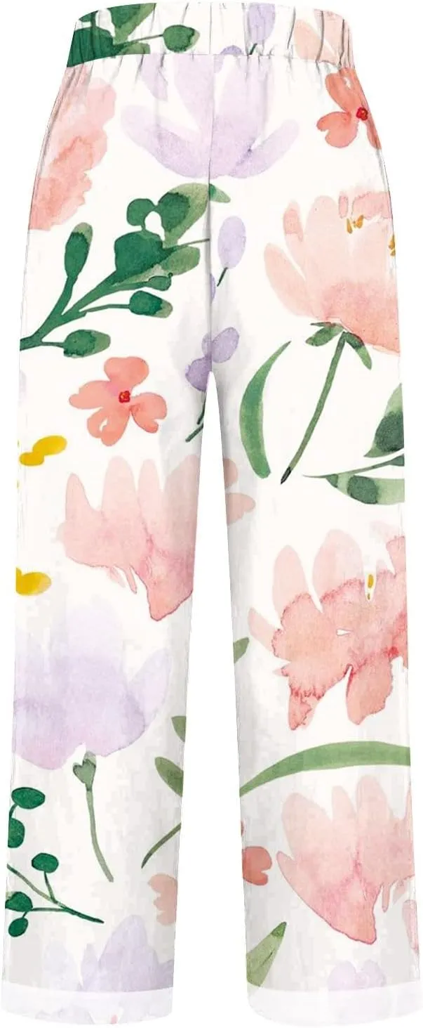 Linen Palazzo Pants for Women Summer Boho Floral Pant Hight Waist Drawstring Casual Loose Floral Pants with Pockets