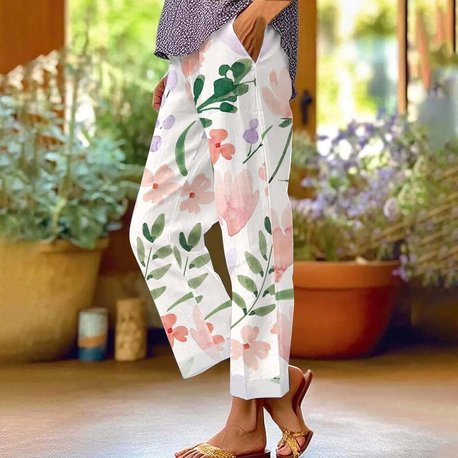 Linen Palazzo Pants for Women Summer Boho Floral Pant Hight Waist Drawstring Casual Loose Floral Pants with Pockets