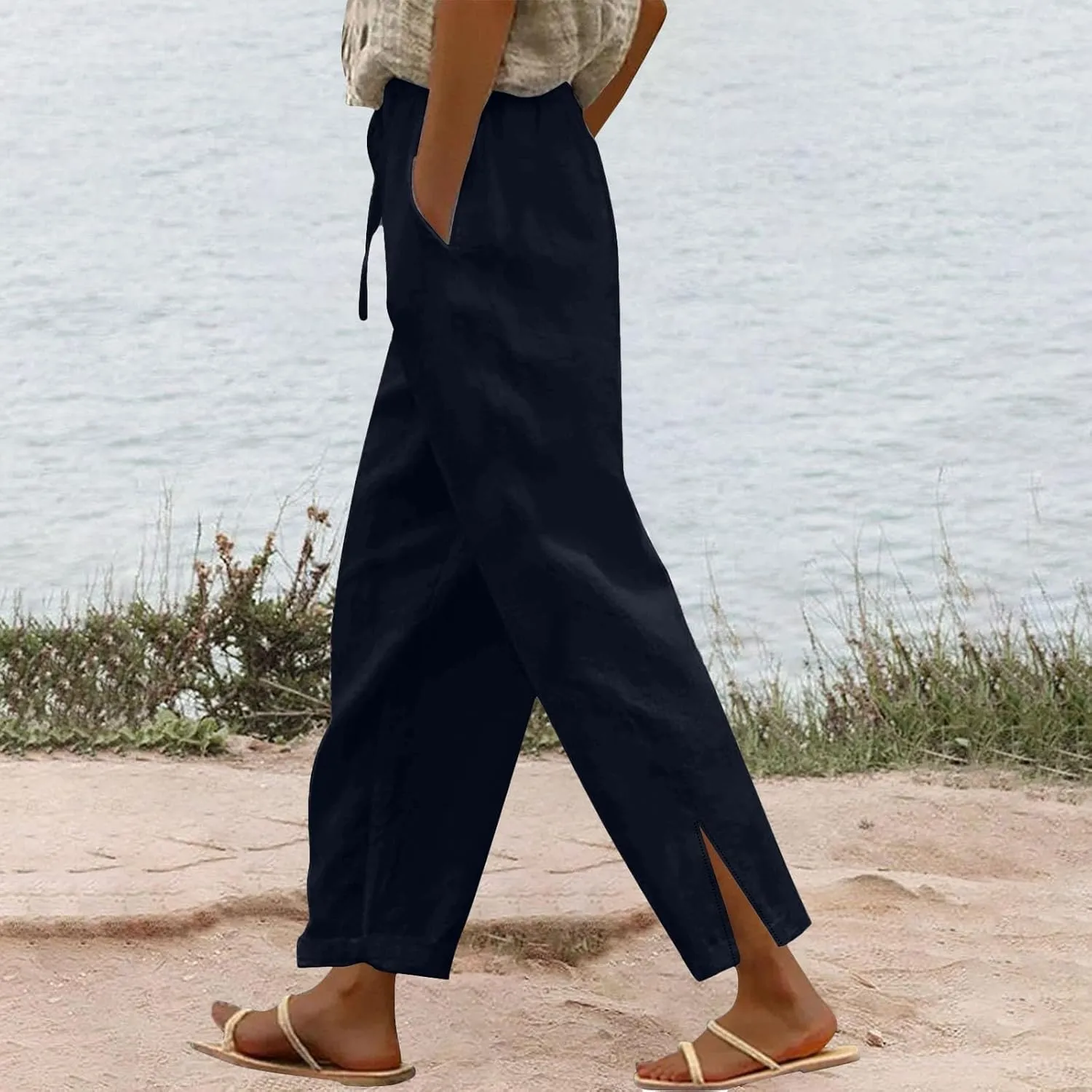 Linen Pants Casual Elastic Waist Wide Leg Pants Elastic Waist Straight Leg Cotton Linen Casual Summer Palazzo Lounge Pants