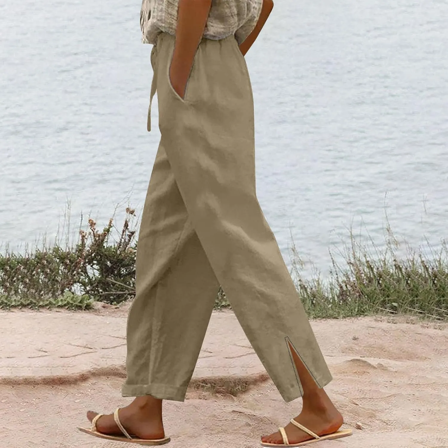 Linen Pants for Women 2025 Casual Summer Drawstring Capri Pants Beach Vacation Clothes with Pockets