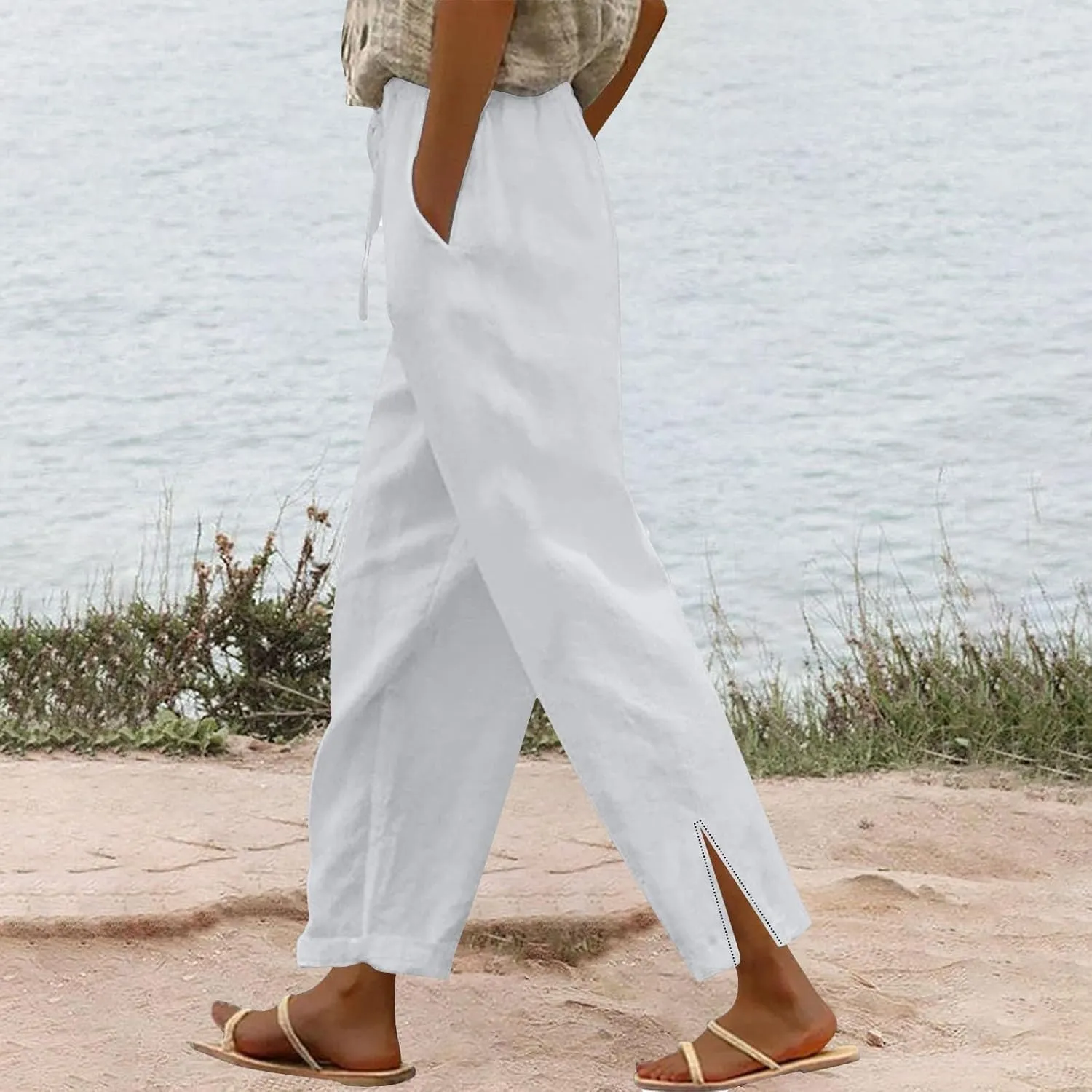 Linen Pants for Women 2025 Casual Summer Drawstring Capri Pants Beach Vacation Clothes with Pockets