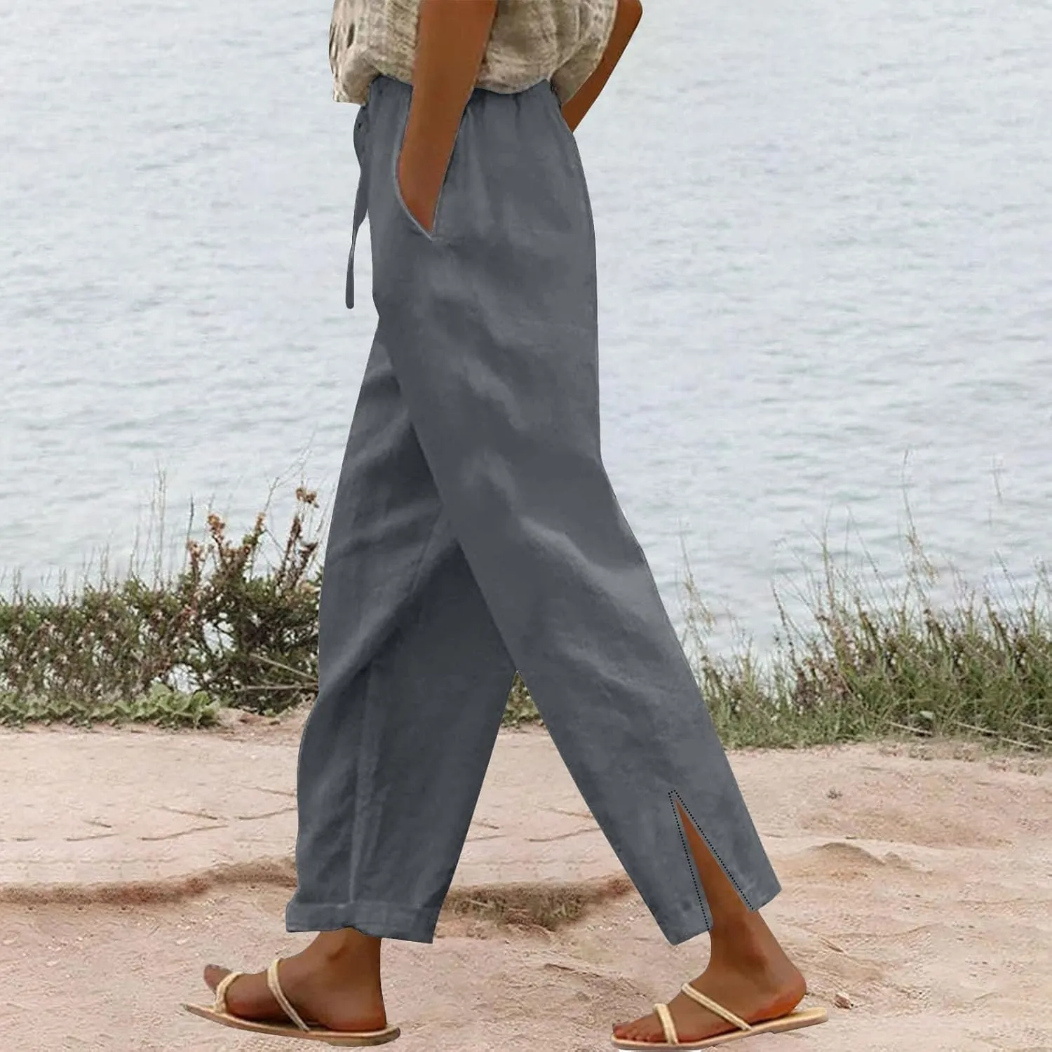 Linen Pants for Women 2025 Summer High Waist Elastic Straight Leg Lounge Pant Loose Lightweight Beach Trousers