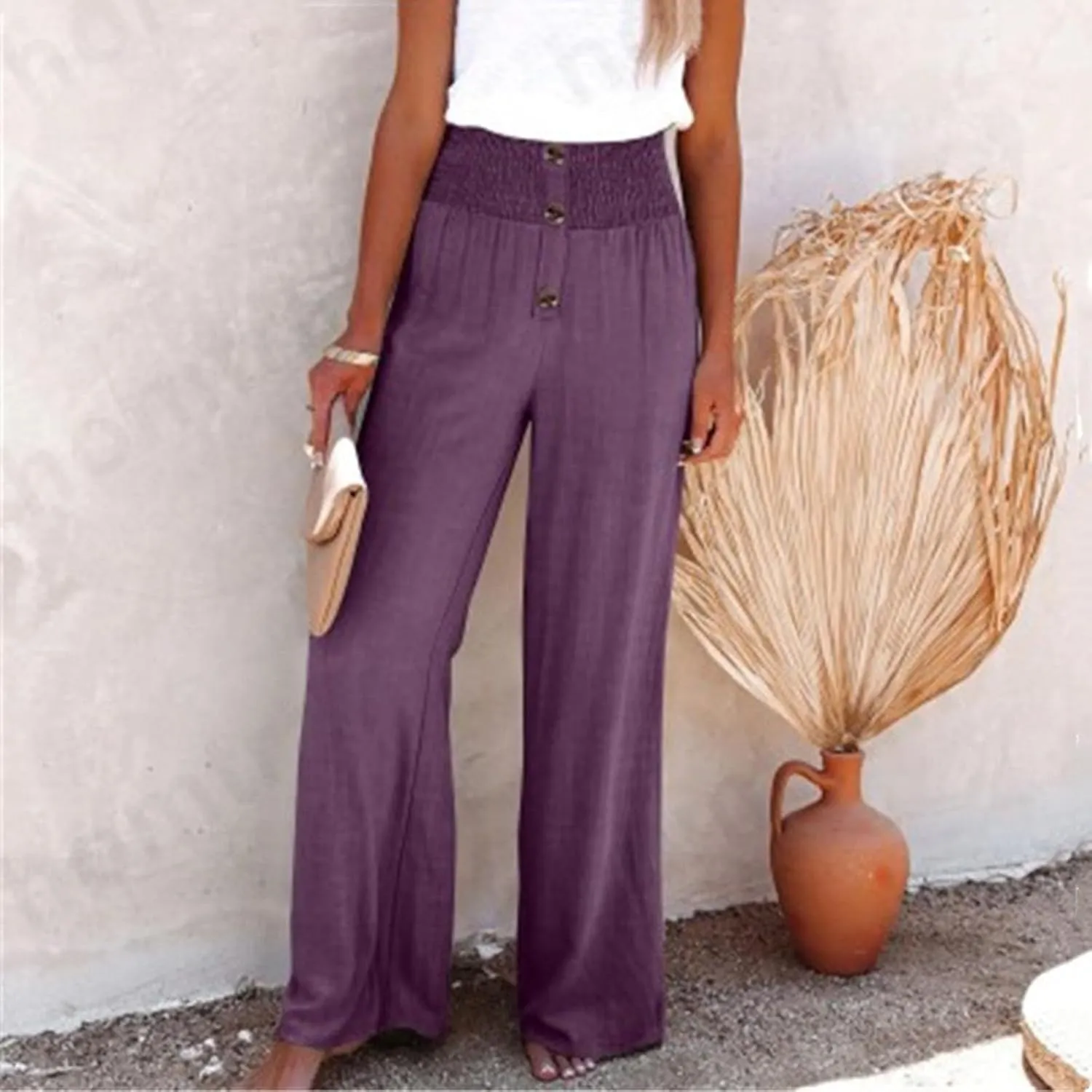 Linen Pants for Women Casual Flowy Loose Fit Wide Leg Trousers Summer High Waisted Beach Palazzo Pants with Pockets