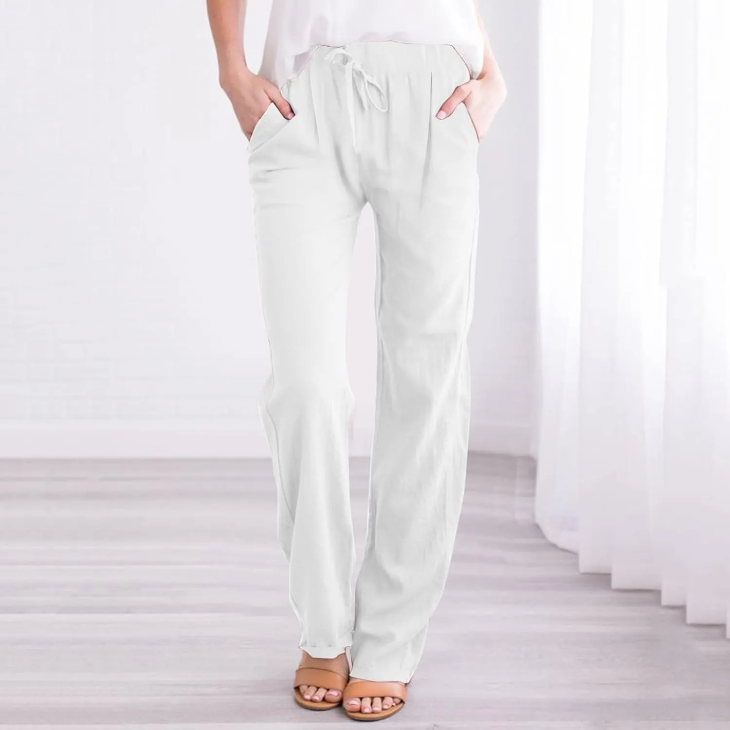 Linen Pants for Women Summer 2024 High Waist Drawstring Loose Fit Straight Leg Lounge Trouser with Side Pockets