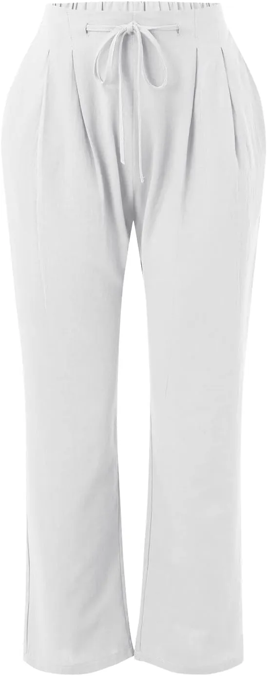 Linen Pants for Women Summer 2024 High Waist Drawstring Loose Fit Straight Leg Lounge Trouser with Side Pockets