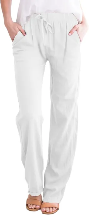 Linen Pants for Women Summer 2024 High Waist Drawstring Loose Fit Straight Leg Lounge Trouser with Side Pockets