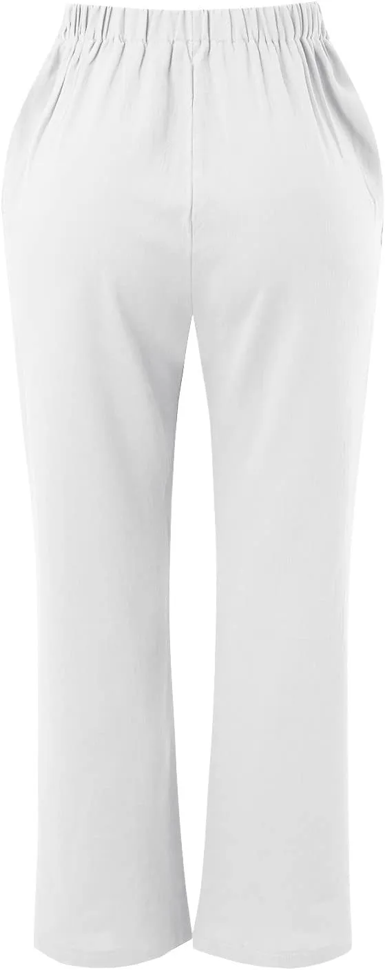 Linen Pants for Women Summer 2024 High Waist Drawstring Loose Fit Straight Leg Lounge Trouser with Side Pockets