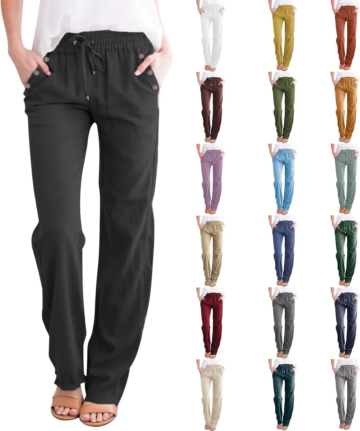 Linen Pants for Women Summer Casual High Waisted Straight Leg Beach Pants Loose Fit Comfy Vacation Trousers w/Pockets