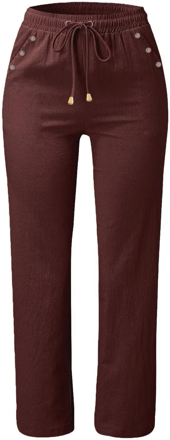 Linen Pants for Women Summer Casual High Waisted Straight Leg Beach Pants Loose Fit Comfy Vacation Trousers w/Pockets