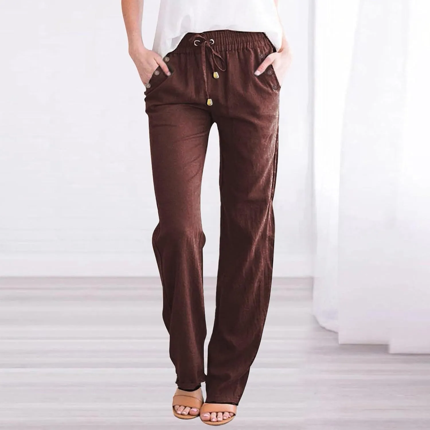 Linen Pants for Women Summer Casual High Waisted Straight Leg Beach Pants Loose Fit Comfy Vacation Trousers w/Pockets