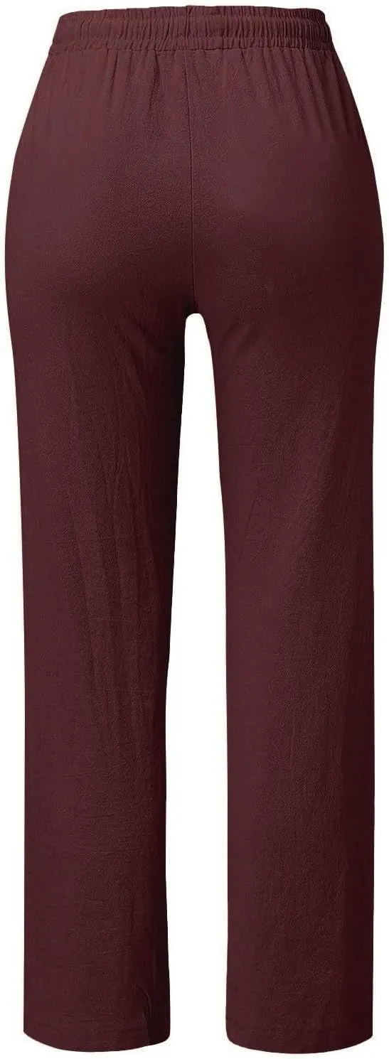 Linen Pants for Women Summer Casual High Waisted Straight Leg Beach Pants Loose Fit Comfy Vacation Trousers w/Pockets