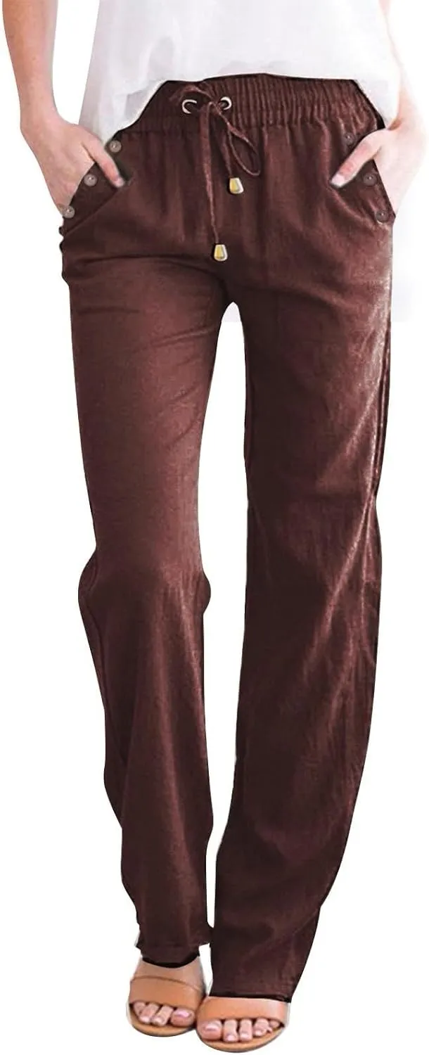 Linen Pants for Women Summer Casual High Waisted Straight Leg Beach Pants Loose Fit Comfy Vacation Trousers w/Pockets
