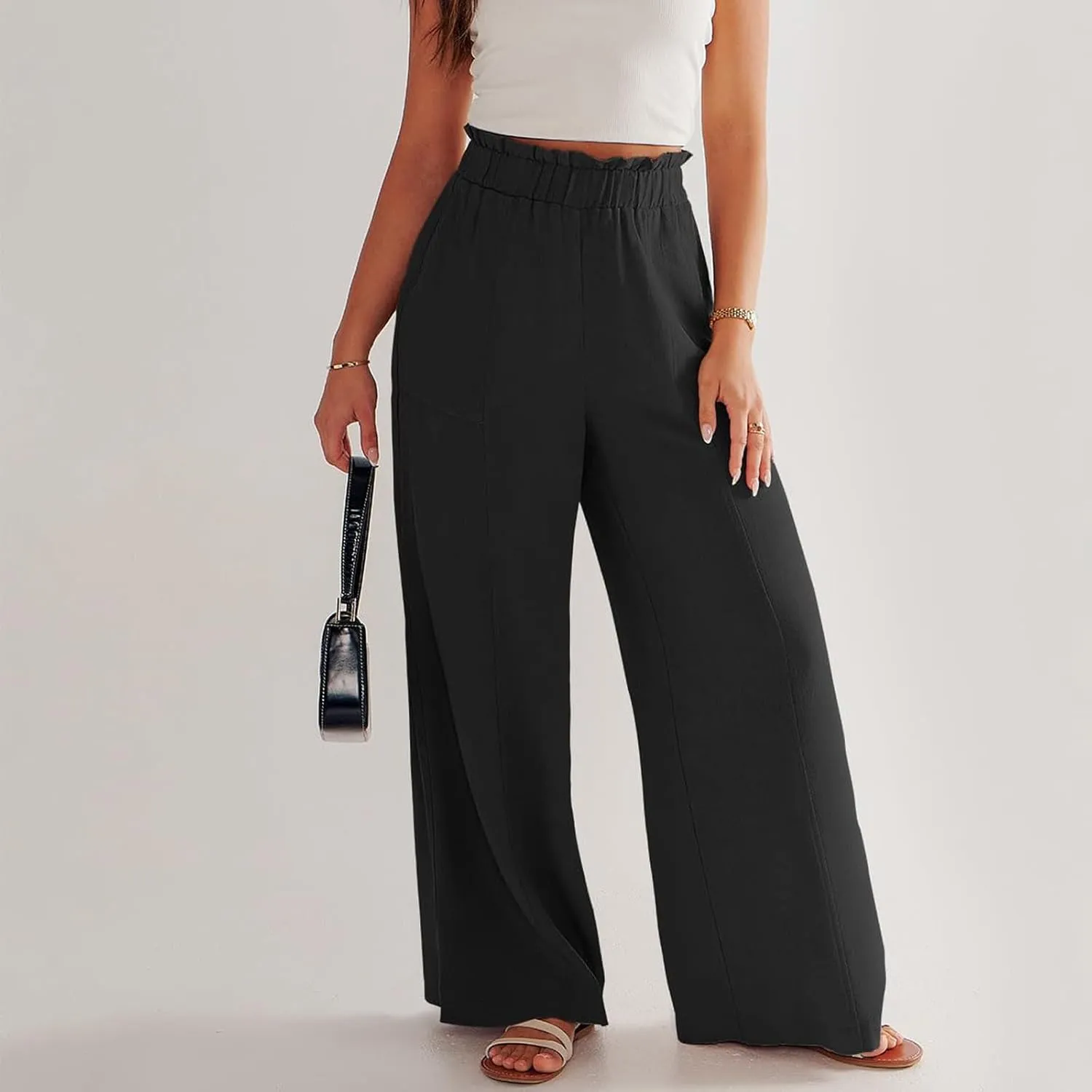 Linen Pants for Women Trendy Casual Wide Leg Beach Palazzo Pants Ruffle High Waist Trousers with Pockets Slacks