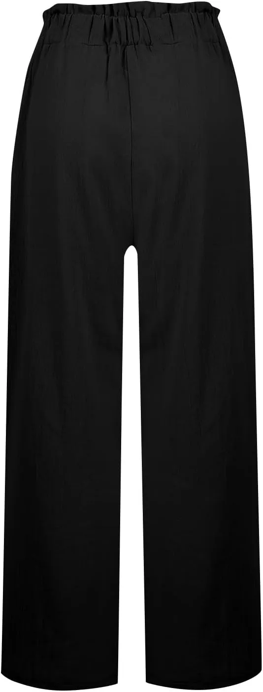 Linen Pants for Women Trendy Casual Wide Leg Beach Palazzo Pants Ruffle High Waist Trousers with Pockets Slacks