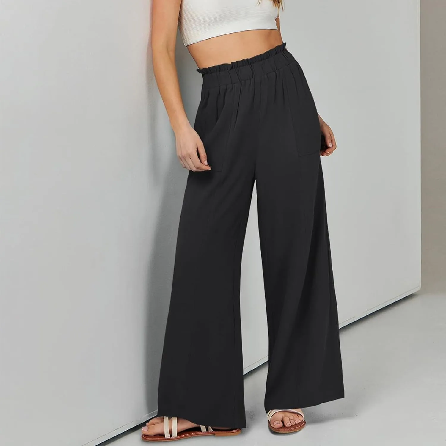 Linen Pants for Women Trendy Casual Wide Leg Beach Palazzo Pants Ruffle High Waist Trousers with Pockets Slacks