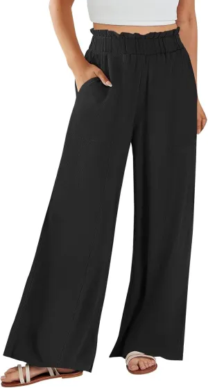 Linen Pants for Women Trendy Casual Wide Leg Beach Palazzo Pants Ruffle High Waist Trousers with Pockets Slacks