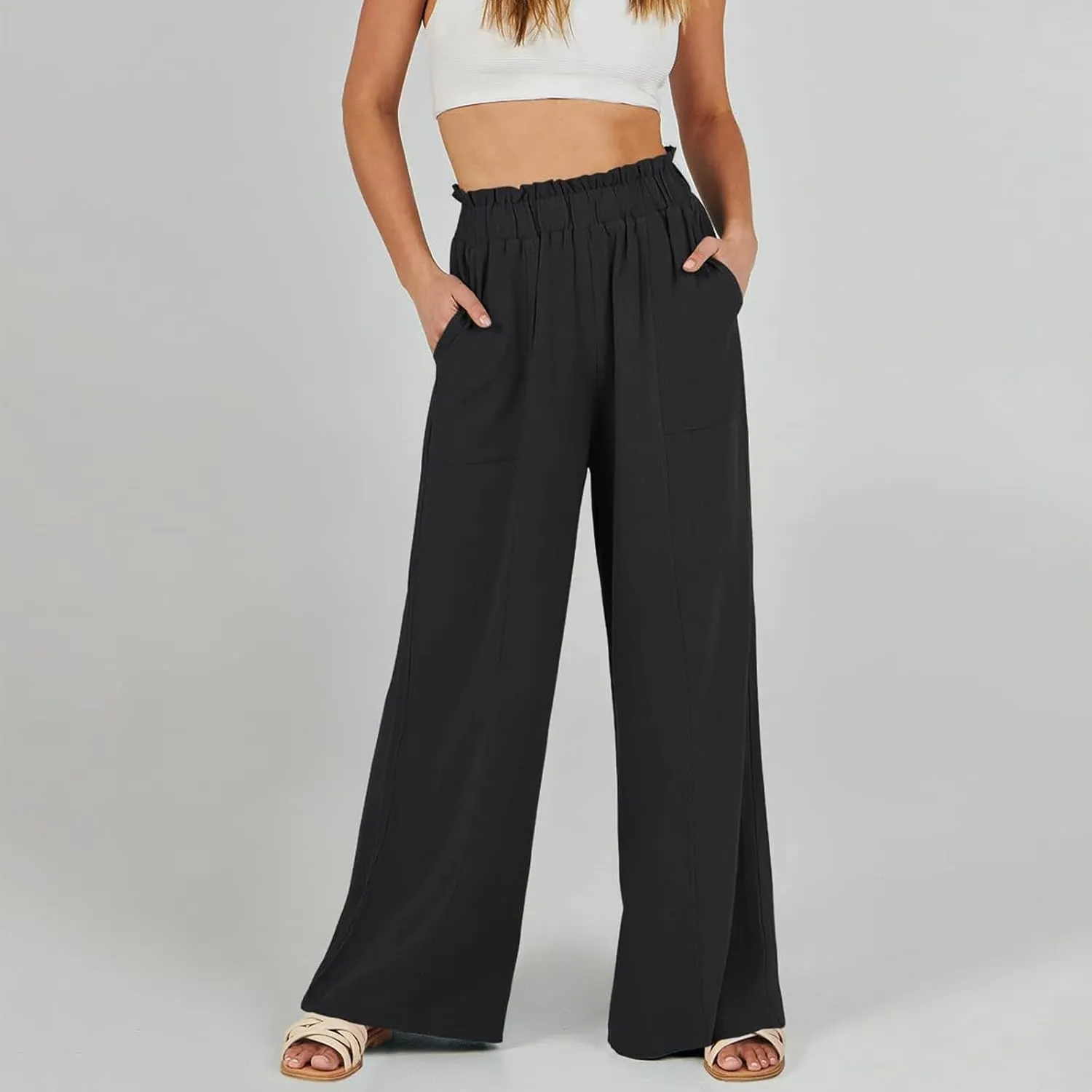 Linen Pants for Women Trendy Casual Wide Leg Beach Palazzo Pants Ruffle High Waist Trousers with Pockets Slacks