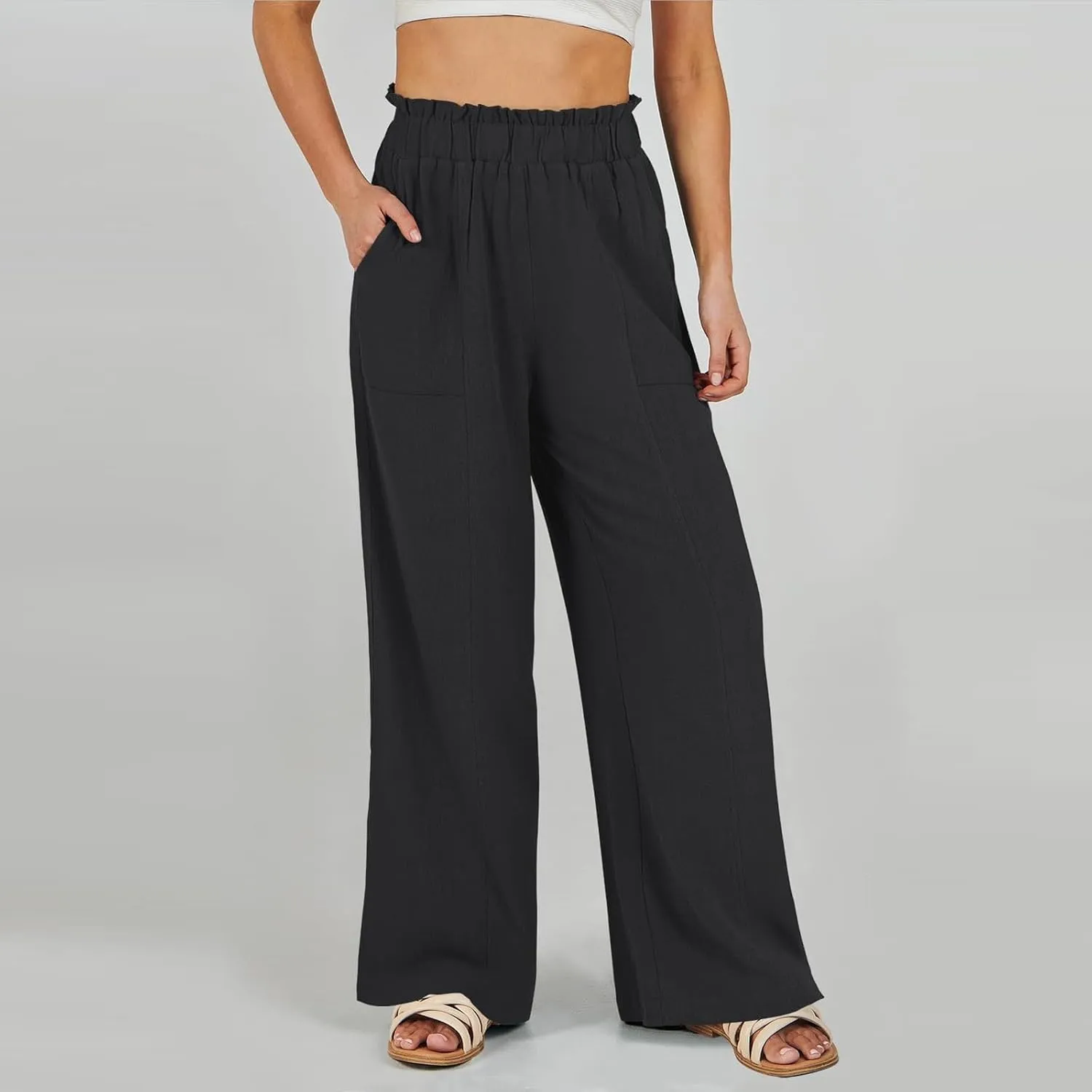 Linen Pants for Women Trendy Casual Wide Leg Beach Palazzo Pants Ruffle High Waist Trousers with Pockets Slacks