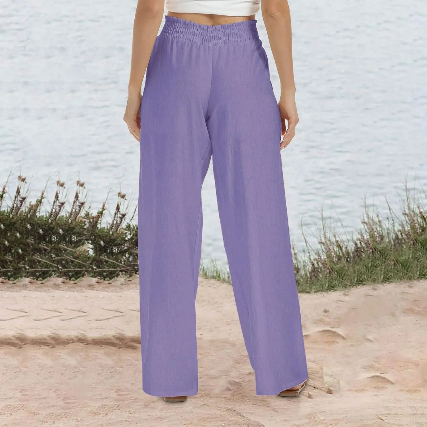 Linen Pants Women 2025 Summer - Casual Beach Palazzo Trousers for Women Elastic Drawstring with Pockets Pants
