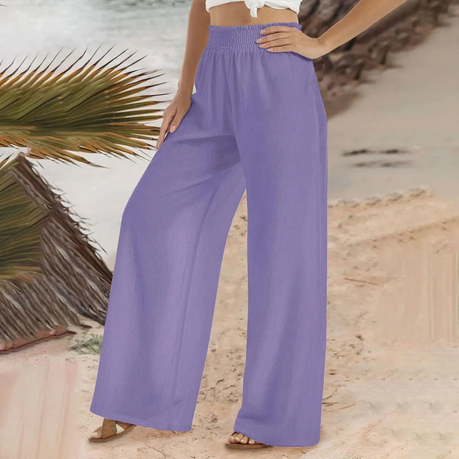 Linen Pants Women 2025 Summer - Casual Beach Palazzo Trousers for Women Elastic Drawstring with Pockets Pants