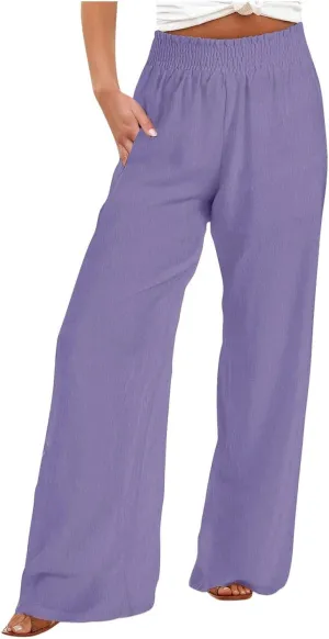 Linen Pants Women 2025 Summer - Casual Beach Palazzo Trousers for Women Elastic Drawstring with Pockets Pants