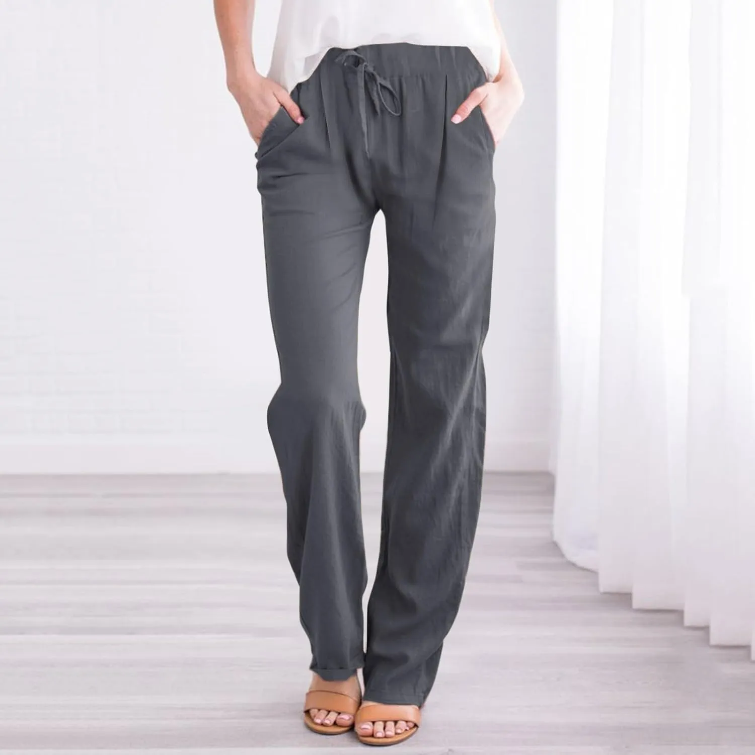 Linen Pants Women Capri Pants Cotton Wide Leg High Waisted Dressy Trousers Loose Business Work Lounge Trousers