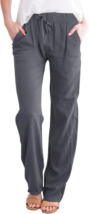 Linen Pants Women Capri Pants Cotton Wide Leg High Waisted Dressy Trousers Loose Business Work Lounge Trousers