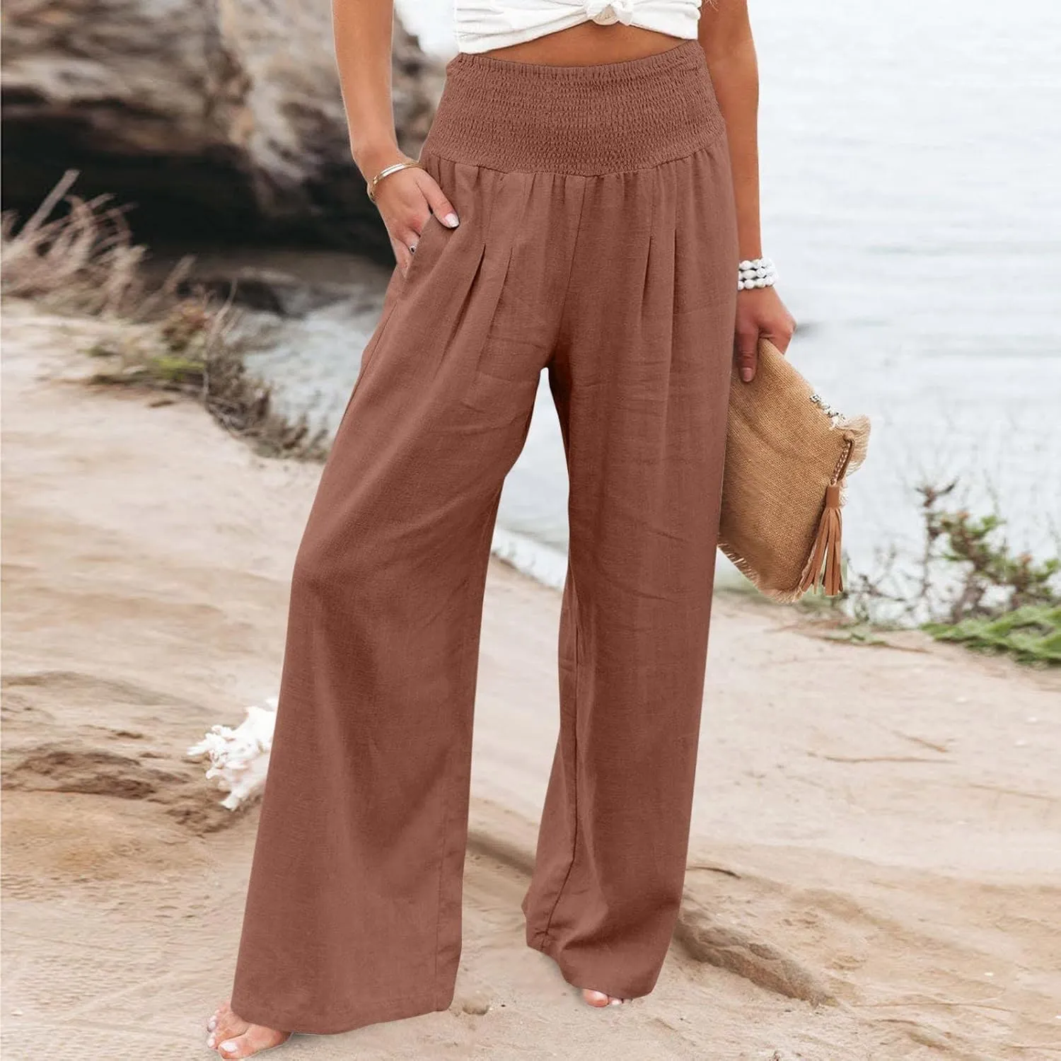 Linen Pants Women Casual Plus Size Summer Wide Leg Pants Beach Boho Wide Leg High Waist Pants Travel Vacation Outfits