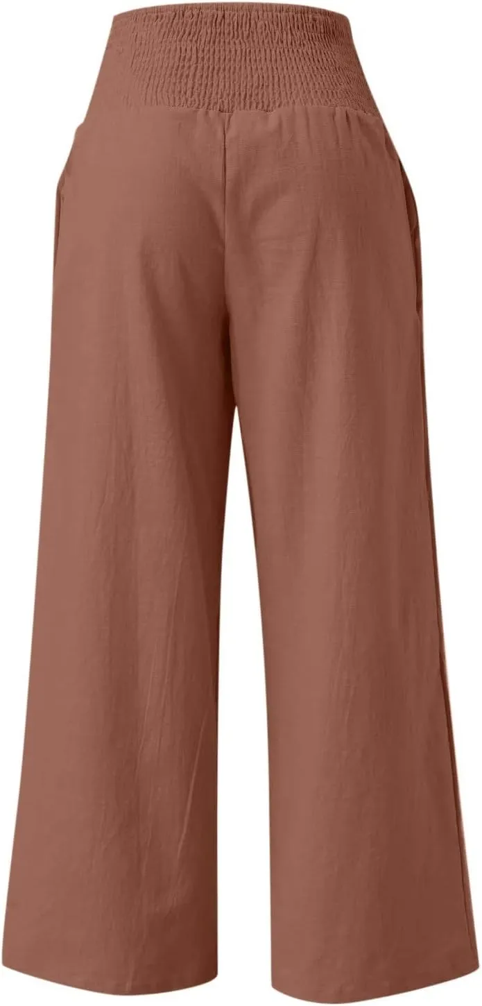 Linen Pants Women Casual Plus Size Summer Wide Leg Pants Beach Boho Wide Leg High Waist Pants Travel Vacation Outfits