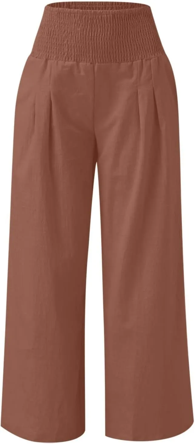 Linen Pants Women Casual Plus Size Summer Wide Leg Pants Beach Boho Wide Leg High Waist Pants Travel Vacation Outfits