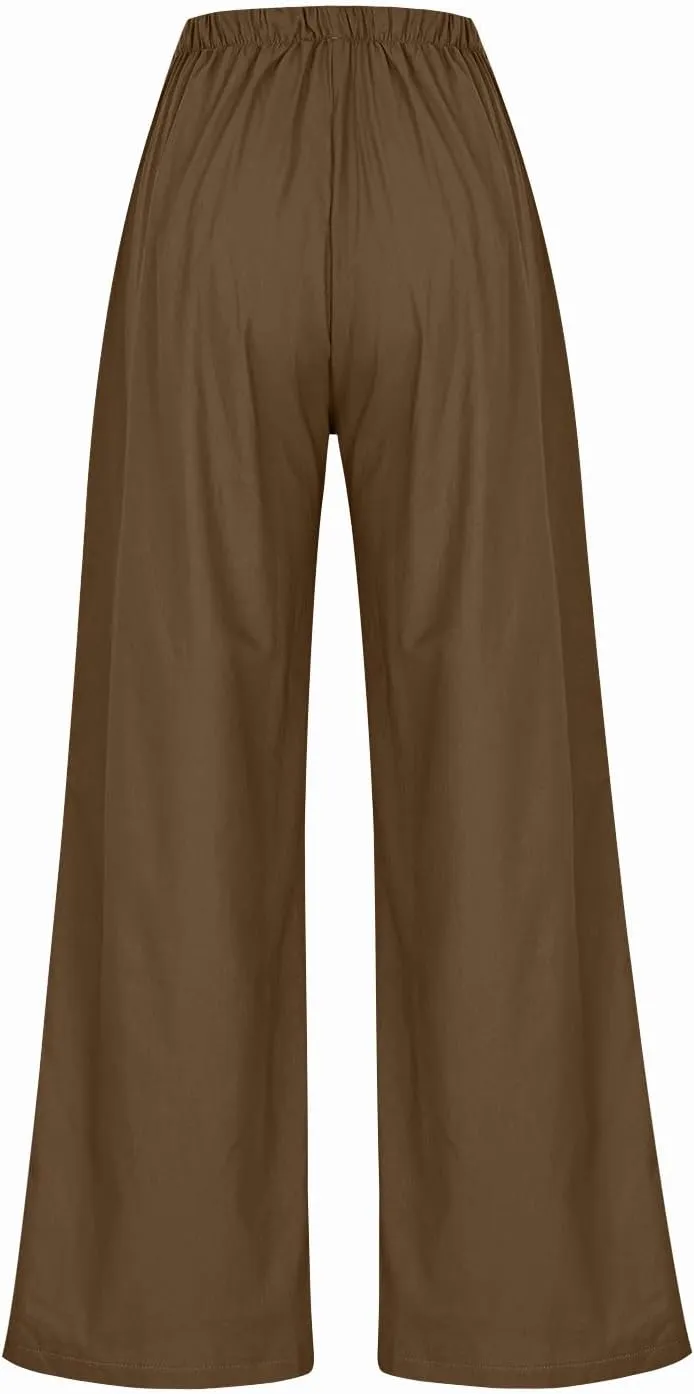 Linen Pants Women Drawstring High Waisted Wide Leg Cotton Baggy Trousers 2025 Summer Casual Bell Pant with Pockets