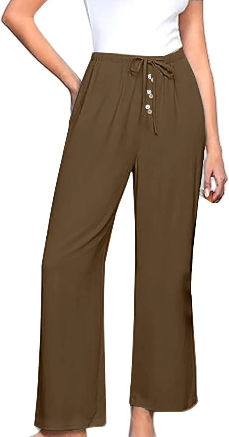 Linen Pants Women Drawstring High Waisted Wide Leg Cotton Baggy Trousers 2025 Summer Casual Bell Pant with Pockets