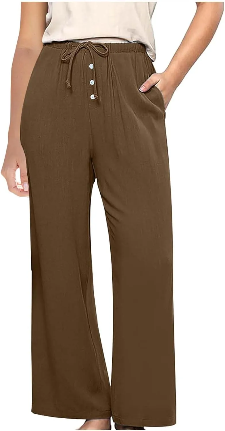 Linen Pants Women Drawstring High Waisted Wide Leg Cotton Baggy Trousers 2025 Summer Casual Bell Pant with Pockets